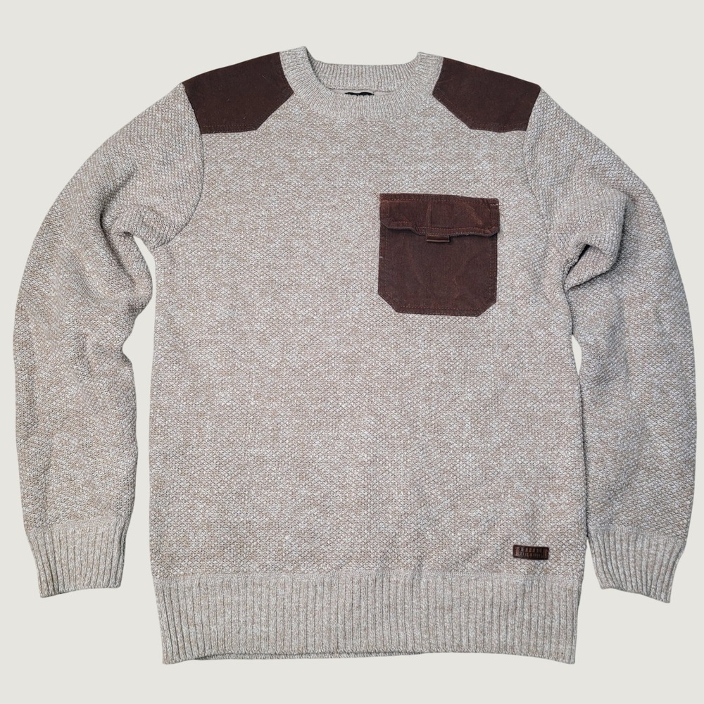 Buffalo David Bitton Walace Mens Beige Knit Sweater Corduroy Patches Small